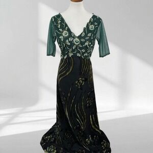 Monrania Green Beaded Mesh Velvet Floral Whimsigoth Evening Gown Maxi Dress 16